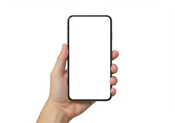 Hand holding smartphone, blank white screen, modern device, minimalist design, isolated on white background, close-up, sleek black frame, touchscreen display