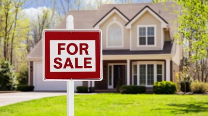Red and white for sale sign in front of a well-lit suburban home with wide driveway and manicured lawn..