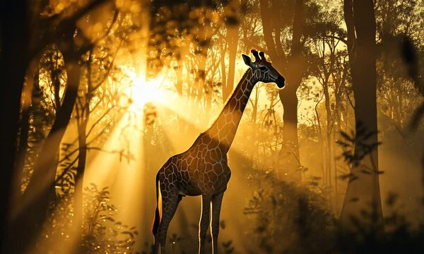 Majestic giraffe in golden sunlight amidst forest trees