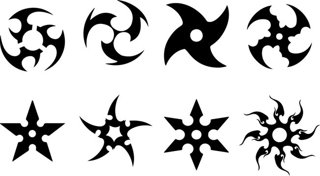 Shuriken or Ninja throwing star icon set Black Symbols on Transparent Background.