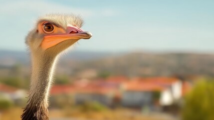 Close-up of an ostrich with a blurred background of buildings.