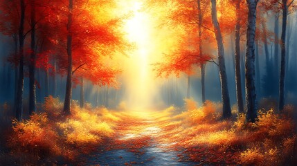 Autumn sunlit forest path