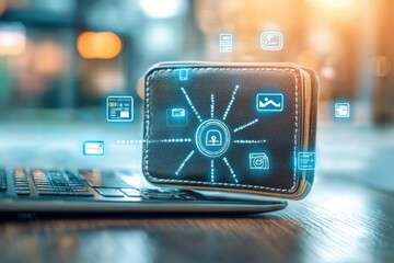 Modern Digital Wallet with Security Features Overlaying Laptop and Blur Background