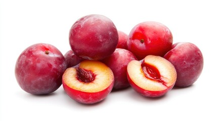 Fototapeta premium Fresh red plums with halved pieces displaying juicy interior