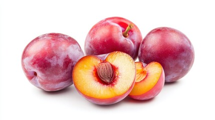 Obraz premium Fresh red plums with halved fruit revealing juicy interior and stone