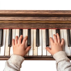 Child's hands playing piano keys, showcasing early music education and discovery.