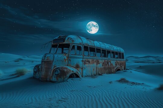 Rusty bus abandoned in a desert under a full moon at night.