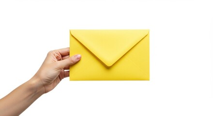 Hand holding envelope, bright yellow envelope, isolated on white background, studio lighting, close-up shot, minimalist composition, clean design, vibrant color
