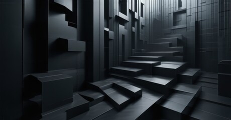 Obraz premium Shifting black-on-black patterns creating a sense of endless depth, with bright contrasts and geometric facets, enhancing the sleek and dynamic visual composition