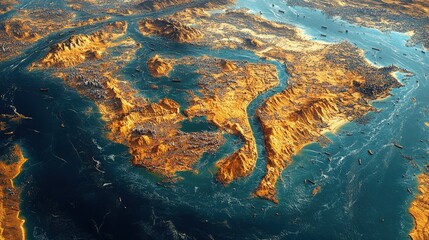 Aerial view of a vibrant island landscape with rivers and ships in a serene ocean setting