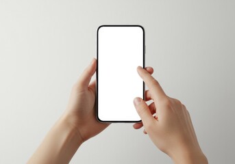 Hands holding smartphone, white background, minimalist, clean design, horizontal orientation, modern technology, empty screen, focus on device, close-up