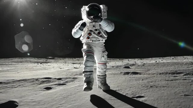Astronaut walk on moon surface, joy of exploration. Zero gravity experience. Cosmic scene. Lunar landscape, vast emptiness of space. Adventure, scientific discovery. Happy spaceman dance stroll.