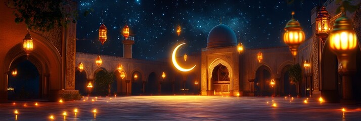 Obraz premium Ramadan Kareem Celebration mosque courtyard with flickering lanterns, glowing crescent moon, and starry sky