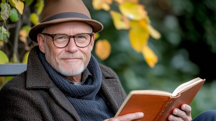 Exploring the Joys of Reading: A Delightful Moment of a Senior Man Enjoying a Book Under His Favorite Hat and Glasses