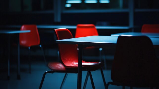 Empty Classroom At Night With Red Chairs And Blue Lighting Creating A Moody Atmosphere