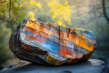 Vibrant tiger eye gemstone, displaying striking bands of blue, orange, and red hues against a blurred natural backdrop.