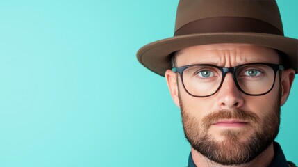 Stylish Man in Hat and Glasses Against a Turquoise Background