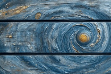 Abstract art depicting swirling blue and gold patterns on a wood-like texture.