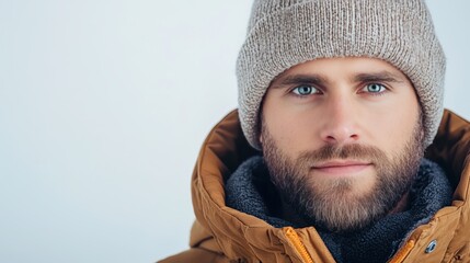 Young Man in Winter Clothing Against a Light Background