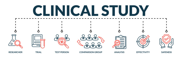 Banner of clinical study web vector illustration concept with lineal icons of researcher, trial, test person, comparison group, analysis, effectivity, safeness