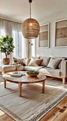 Cozy Minimalist Living Room with Natural Light, Sheer Curtains, Indoor Plants, and Wooden Furniture