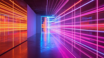 Vibrant neon light beams stretching infinitely, evoking a sense of high-speed space travel.