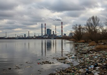 Obraz premium Industrial skyline, polluted river, smokestacks, factory emissions, littered shoreline, plastic waste, environmental damage, water pollution, urban decay