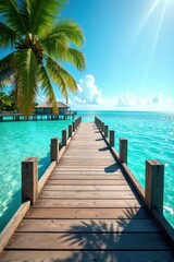 Fototapeta premium Sun-drenched wooden dock extends over turquoise tropical water , paradise, horizon, calm