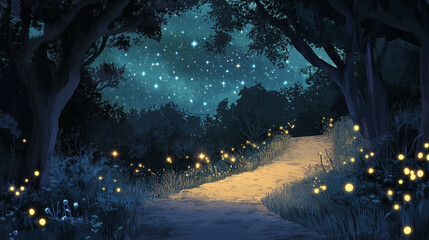 Magical Forest Path Illuminated by Fireflies Under a Starry Night Sky. A serene forest path glowing with fireflies under a starlit night, evoking magic and wonder.