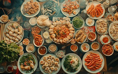 Fototapeta premium Feast of Vietnamese Cuisine, Abundant Food Spread, Outdoor Gathering