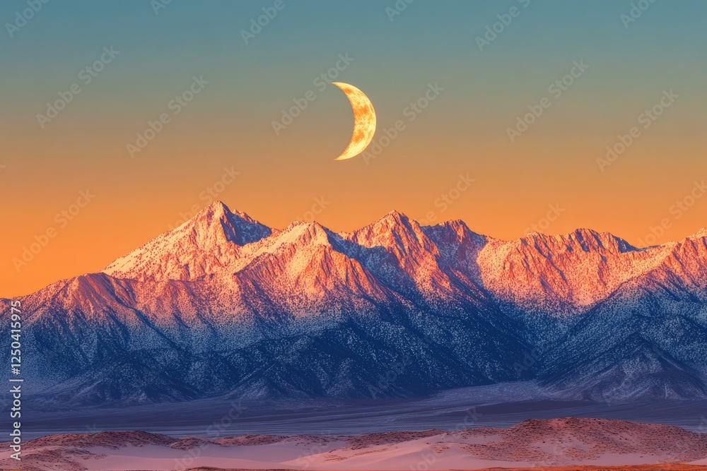 Canvas Prints Crescent moon illuminates snow-capped mountains at sunset, a breathtaking desert landscape.