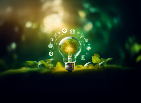 Bright lightbulb containing a green world, surrounded by nature and eco icons, symbolizes innovative ideas for environmental sustainability and ecology.