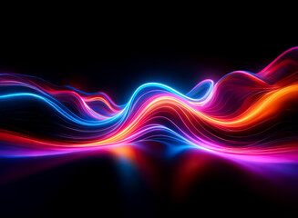 Vibrant neon light waves in blue, orange, and red flow smoothly on a dark backdrop, creating a glowing digital effect with reflection below.