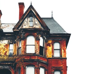 A dilapidated, red brick Victorian house with peeling paint and aged details, showing signs of decay and neglect.