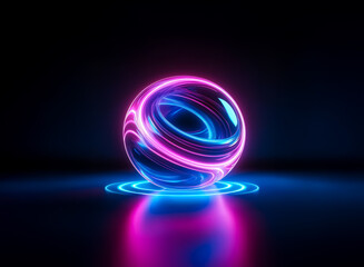 A luminous sphere with swirling pink and blue neon light trails rests on a dark reflective surface, emitting a vibrant glow and creating an abstract and futuristic visual.