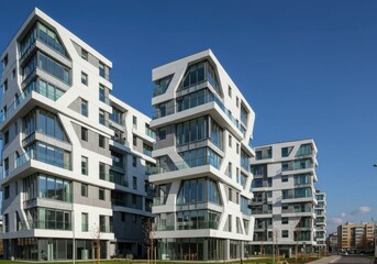 Modern apartment buildings, minimalist architecture, white facade, large windows, geometric shapes, urban living, contemporary design, clean lines