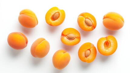 Fresh apricots on white background showcasing halved and whole fruit