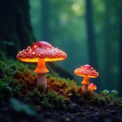Glowing mushrooms illuminating the forest floor, earthy, gentle, dreamy