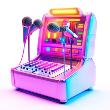 Colorful karaoke machine with microphones, perfect for music lovers and party enthusiasts.