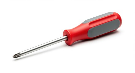Photorealistic screwdriver, red and gray handle, flat head tip, precision tool, product photography, white background, clean lines, detailed texture, professional