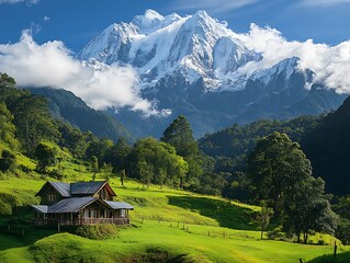 Fototapeta premium Mountain valley home with snow-capped peak