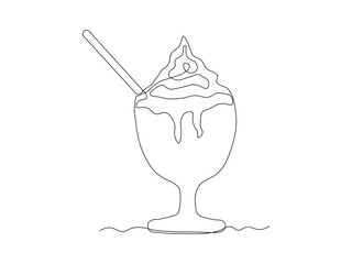 Abstract dessert with cream and straw in creamer, ice cream, cocktail. continuous single one line art hand drawing sketch logo