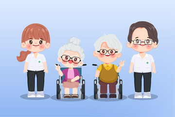Cute cartoon elderly people character with Caregiver.  Elderly or senior health care. Vector premium.