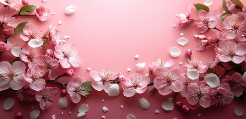 Obraz premium Delicate pink background with flowers on the left side and scattered white petals, featuring ample copy space on the right, perfect for a web banner.