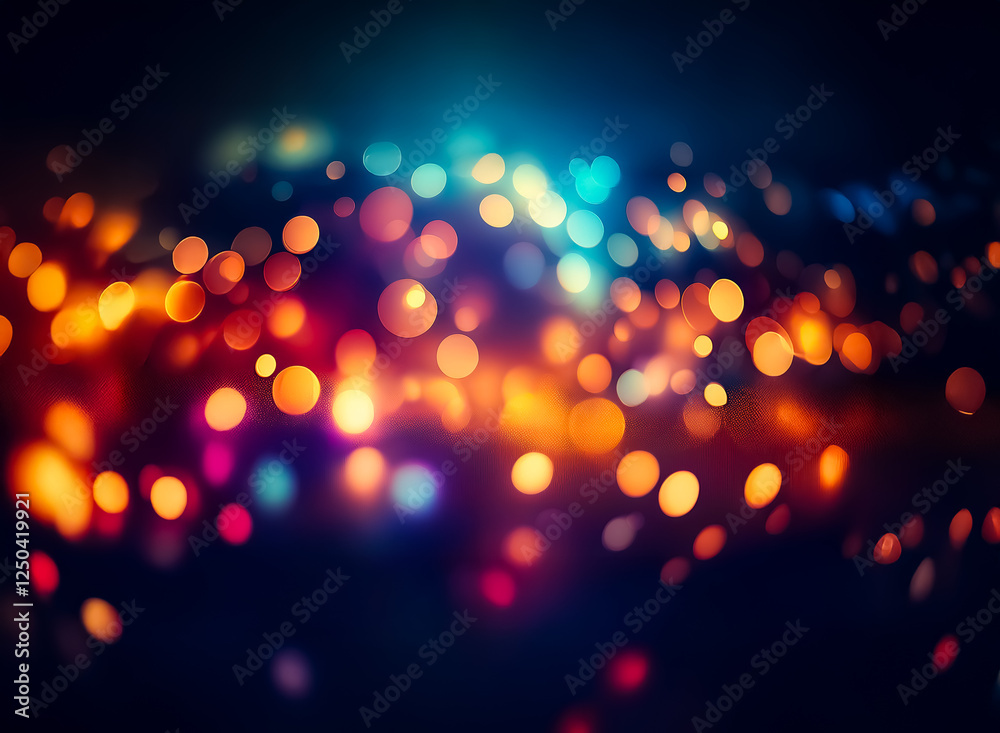 Sticker blurry colorful lights create bokeh effect on dark backdrop. abstract, festive and vibrant.