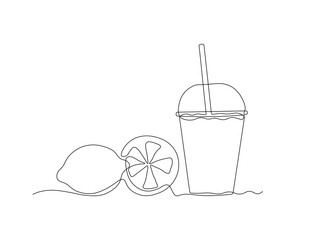 abstract lemon citrus juice glass with lid and straw, continuous single one line art hand drawing sketch logo