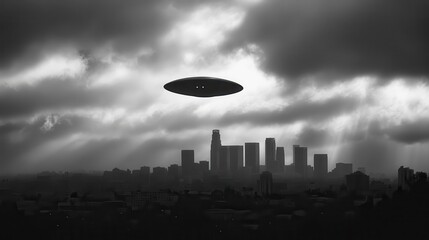 Fototapeta premium A huge alien craft in the clouds above the Los Angeles skyline, the dark silhouette of the UFO barely visible in the overcast sky