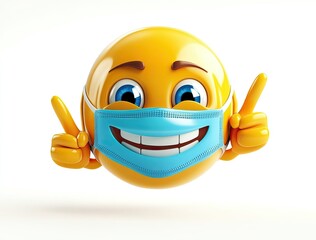 Smiley face with mask, showing positivity, 3D render, isolated on white background, suitable for health, wellness, or online communication