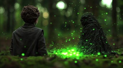 A young boy encounters a mystical creature in a glowing forest filled with enchanting lights