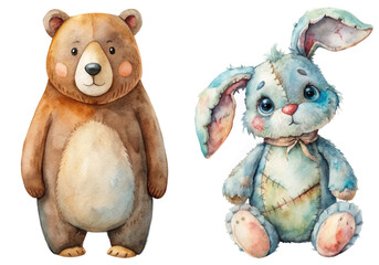 Cute watercolor bear, adorable bunny, children's illustration, playful design, soft colors, whimsical characters.